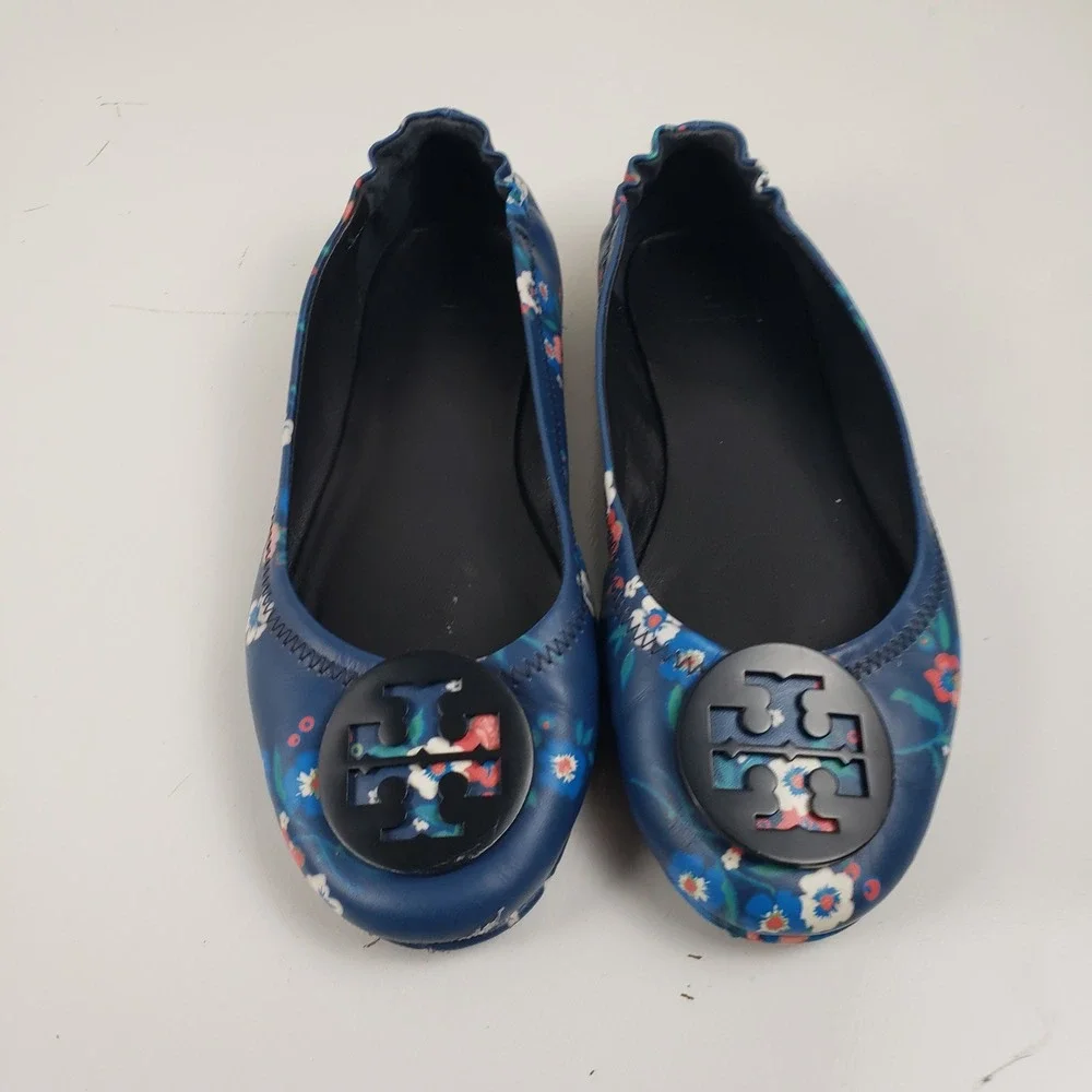 Tory Burch Minnie Travel Ballet Flats Navy Blue Floral Leather Logo‎ Shoes 6.5